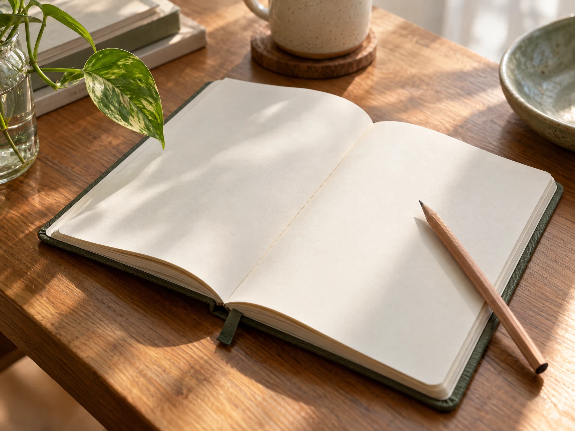 دفتر واحد وقلم على مكتب خشبي