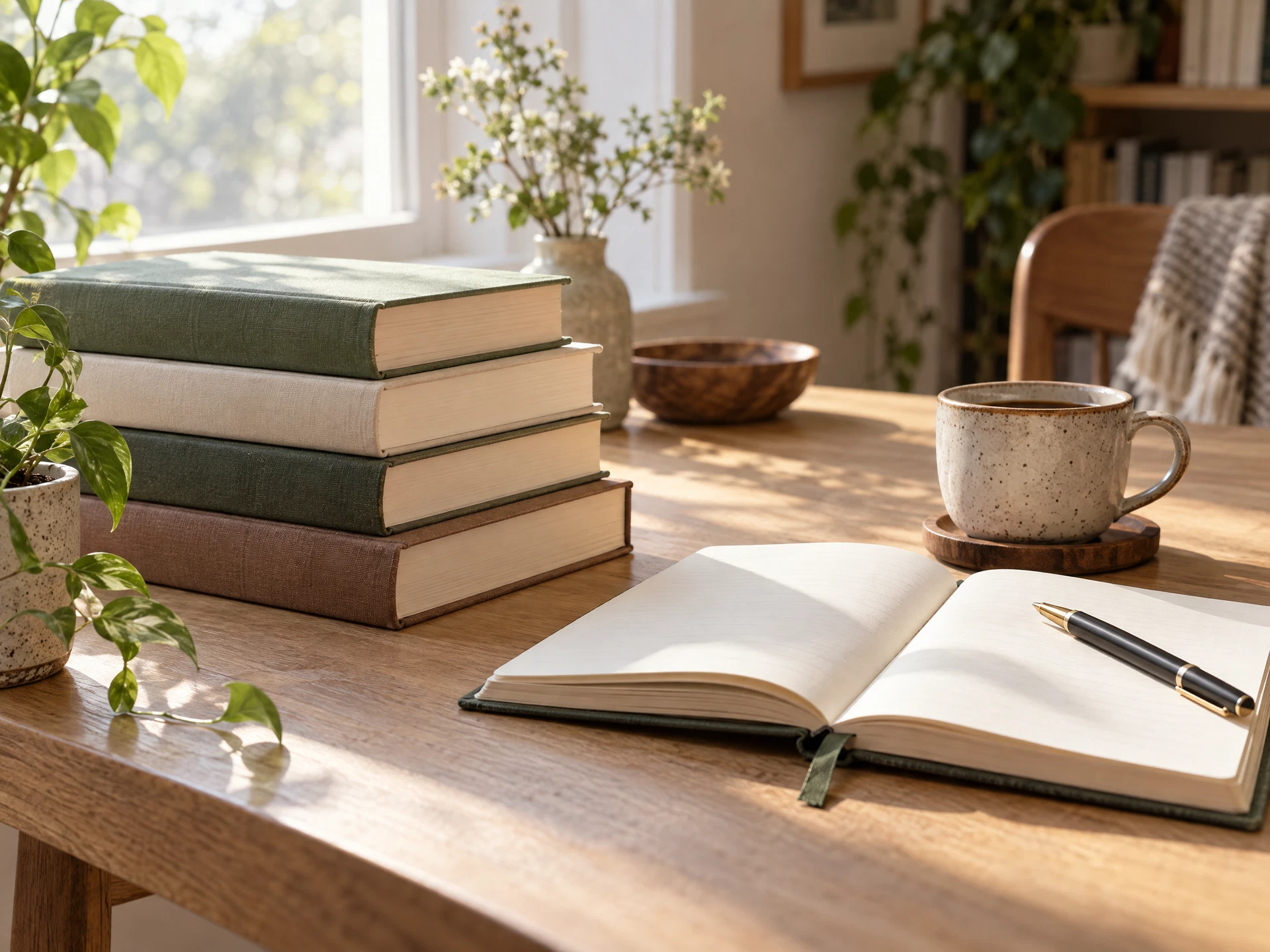 كتاب مفتوح في ركن قراءة مضاء بضوء الصباح